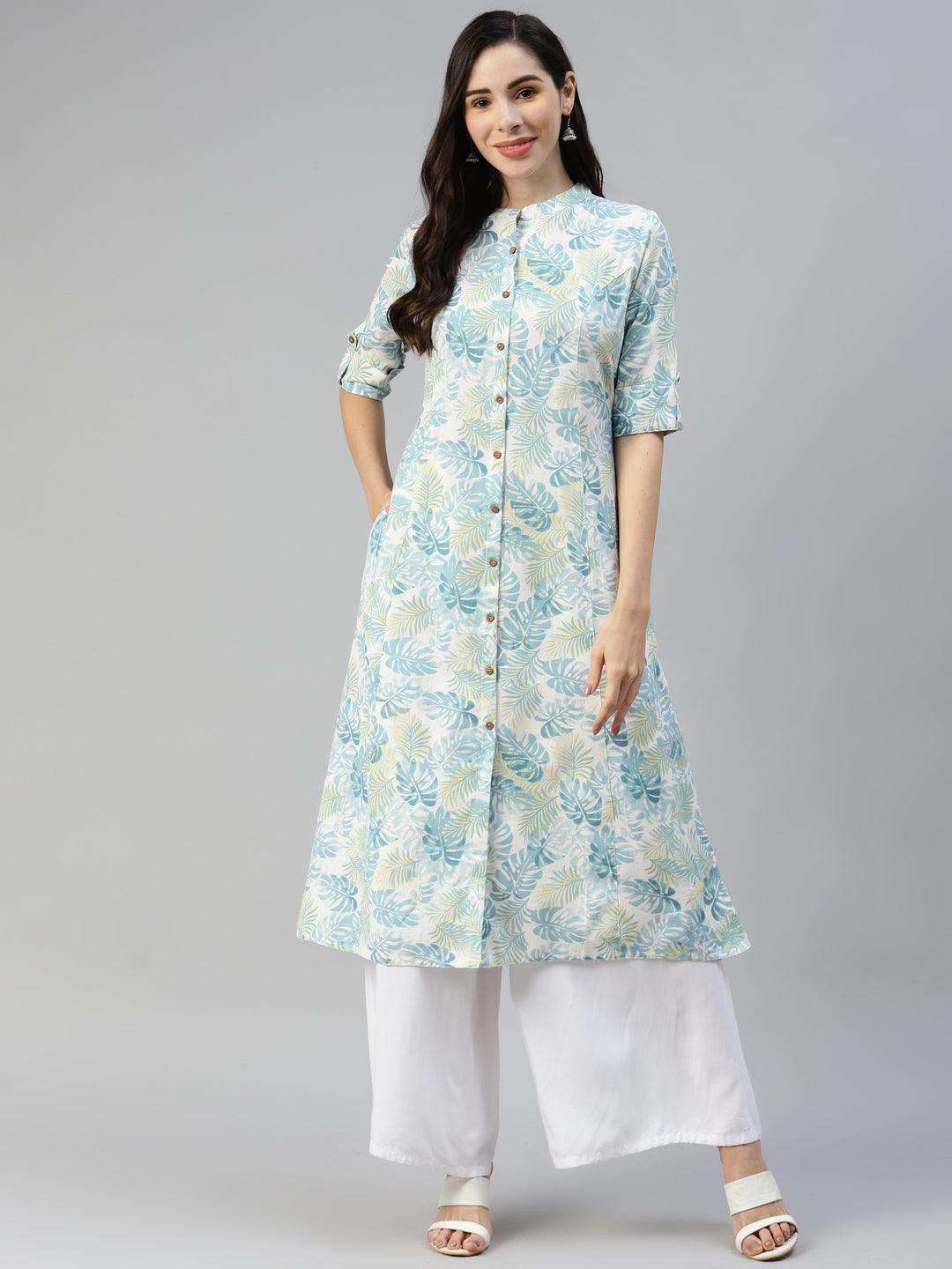 Divena Divena White Floral Printed Cotton Flex A-line Kurta - divena world-Mohi