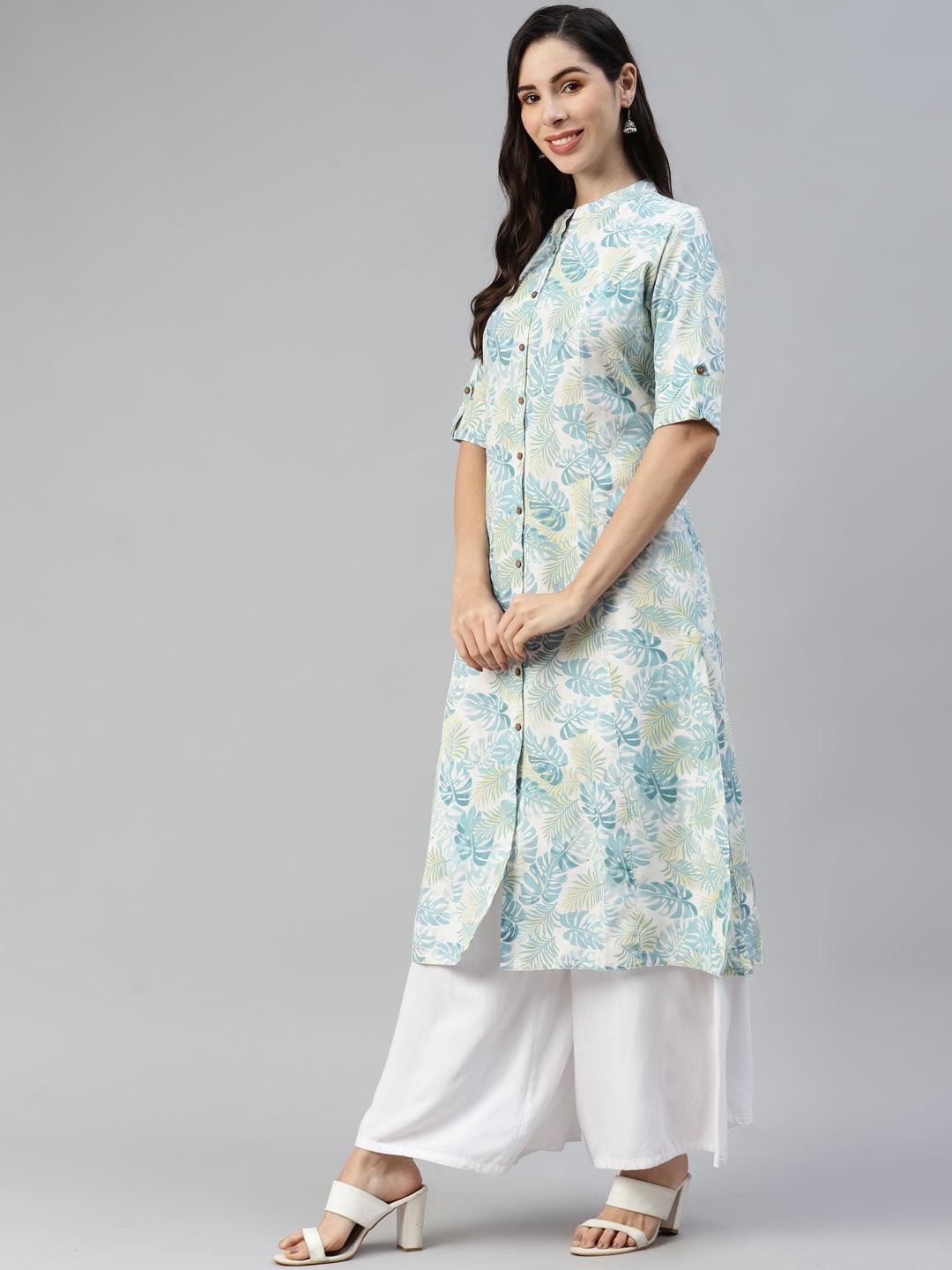 Divena Divena White Floral Printed Cotton Flex A-line Kurta - divena world-Mohi