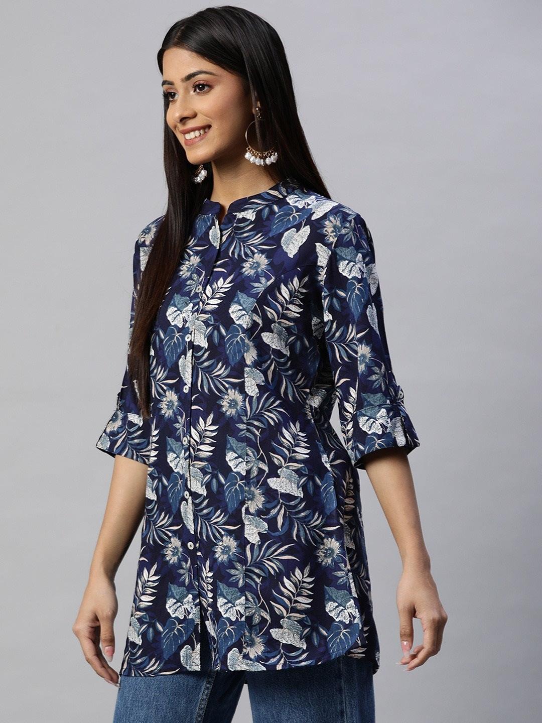 Divena Navy Blue Rayon Printed Top - divena world-Mohi