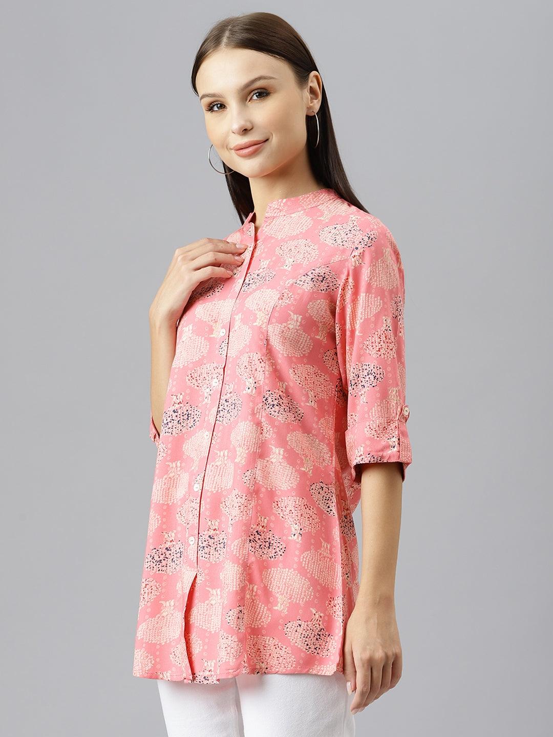 Divena Peach Floral Rayon A-line Shirts Style Top - divenaworld.com