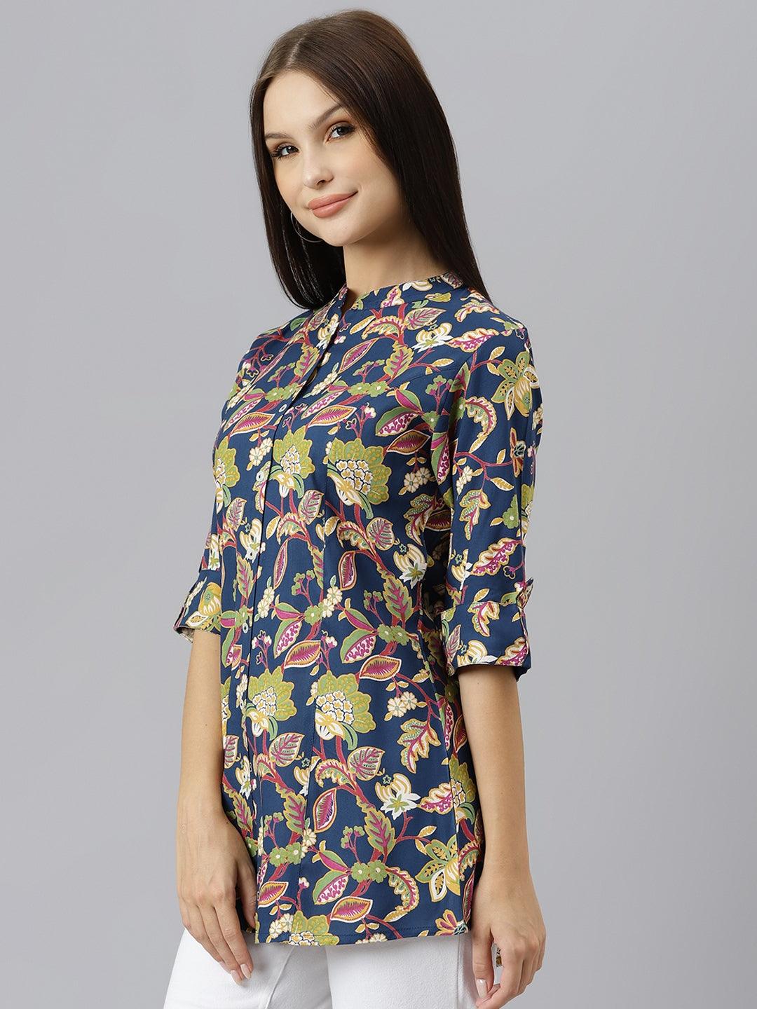 Divena Navy Blue Floral Rayon A-line Shirts Style Top - divena world-Mohi