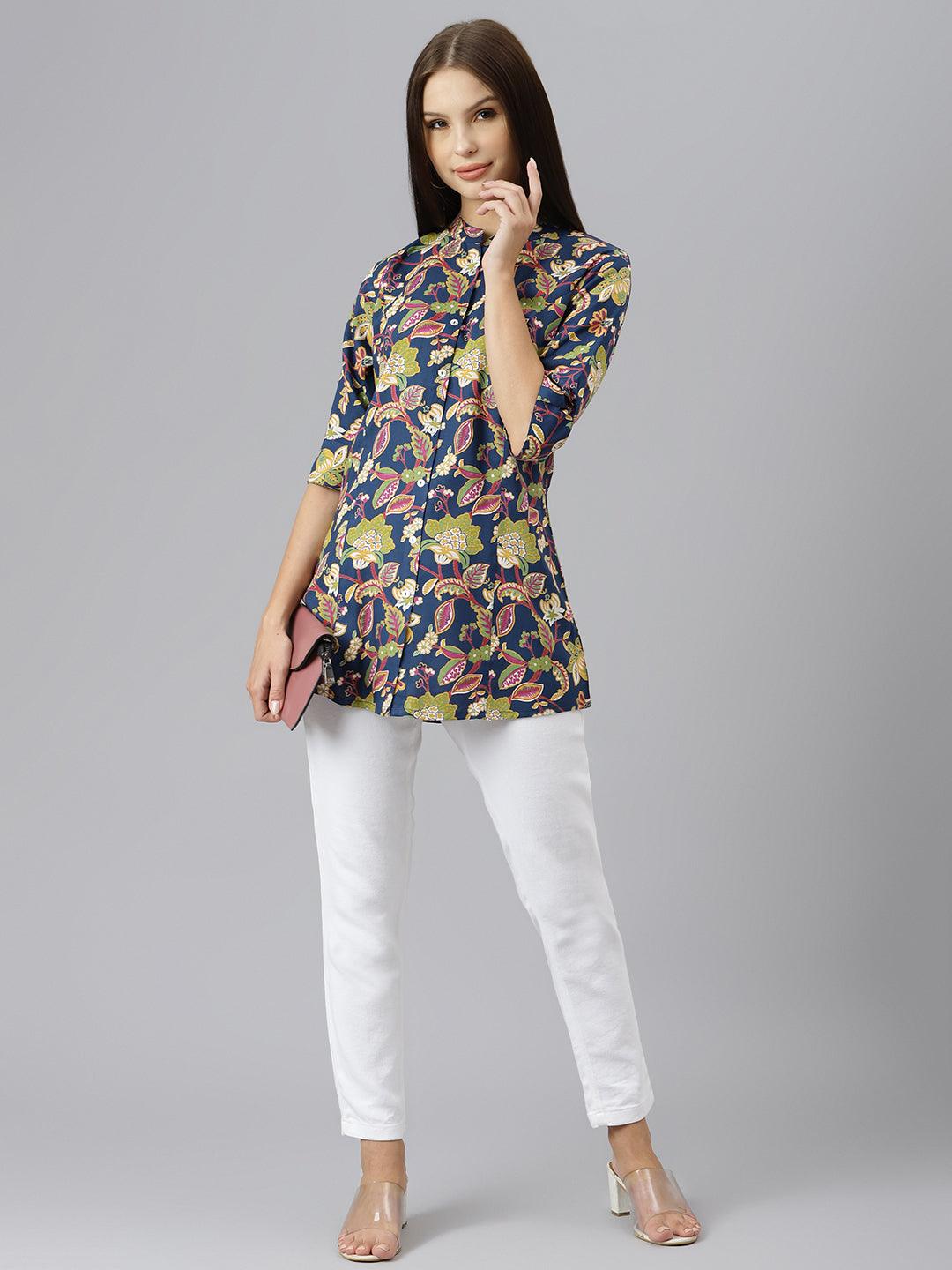 Divena Navy Blue Floral Rayon A-line Shirts Style Top - divena world-Mohi