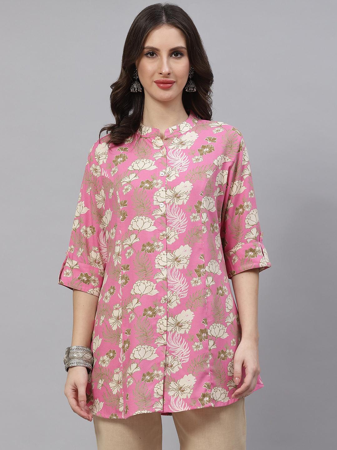 Divena Light Pink Floral Rayon A-line Top - divena world-Mohi