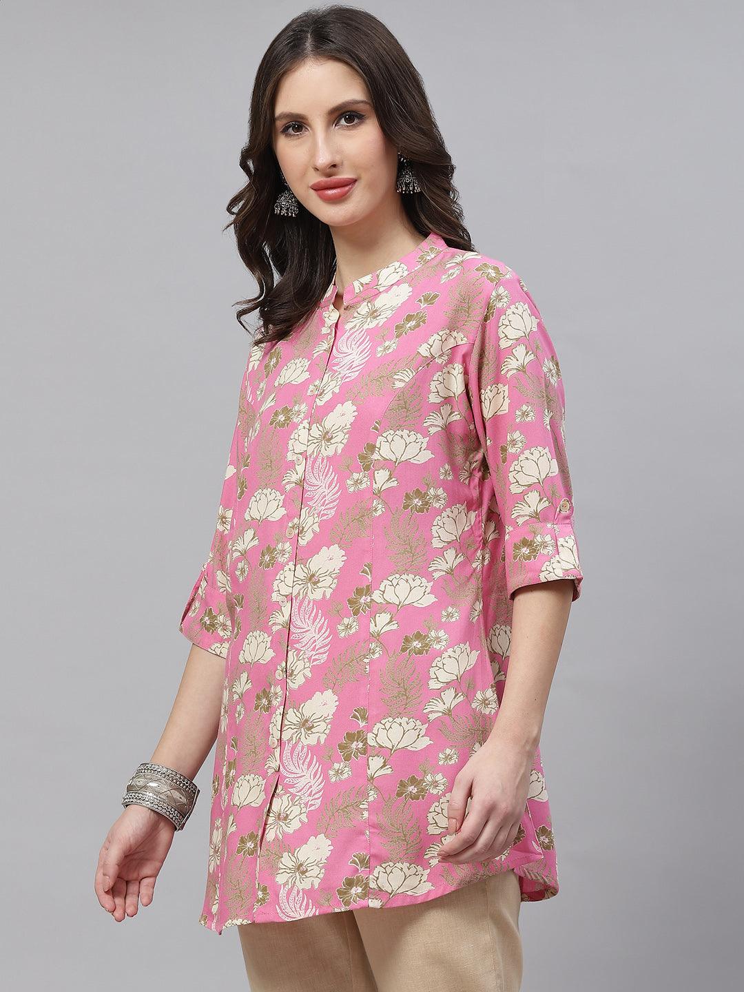 Divena Light Pink Floral Rayon A-line Top - divena world-Mohi