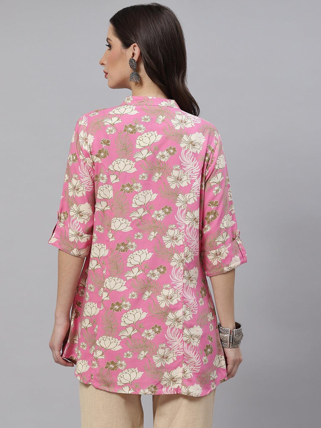 Divena Light Pink Floral Rayon A-line Top - divena world-Mohi