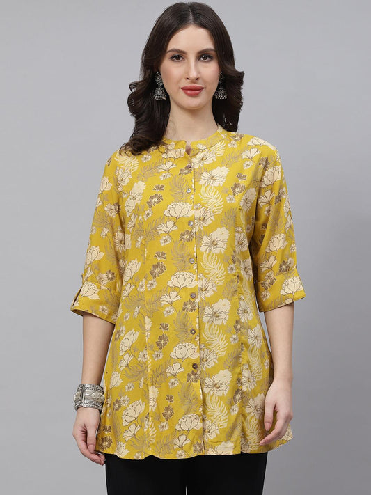 Divena Mustard Floral Rayon A-lineTop - divena world-Mohi