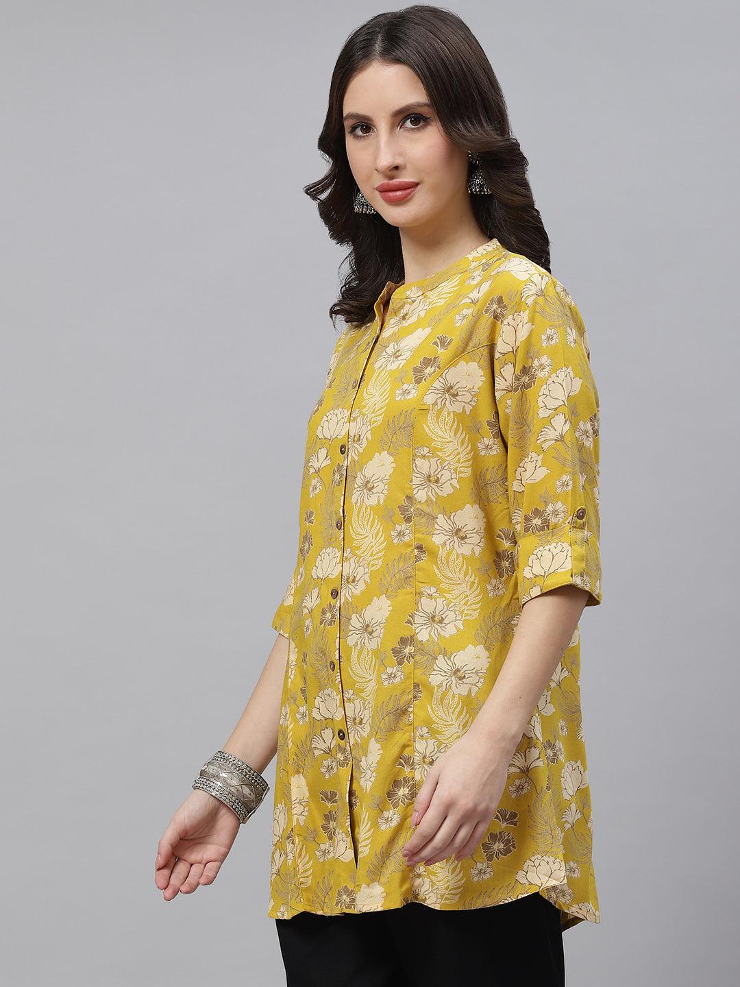 Divena Mustard Floral Rayon A-lineTop - divena world-Mohi