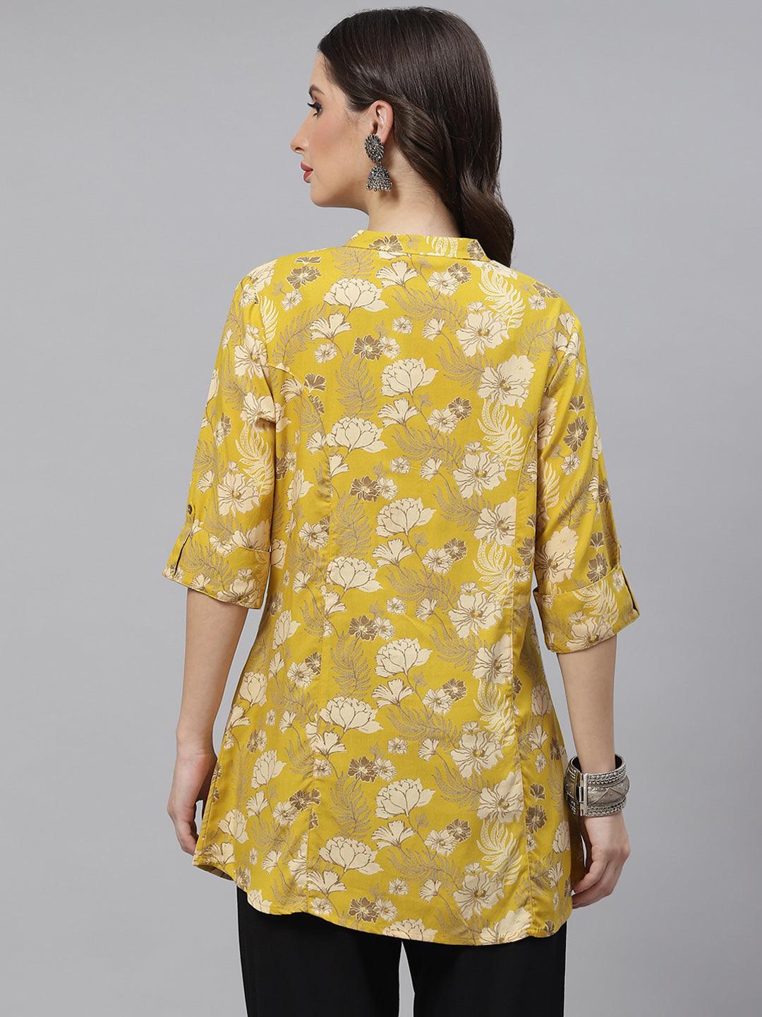 Divena Mustard Floral Rayon A-lineTop - divena world-Mohi