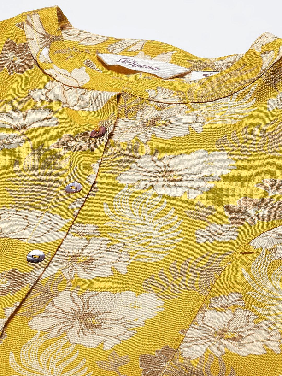 Divena Mustard Floral Rayon A-lineTop - divena world-Mohi