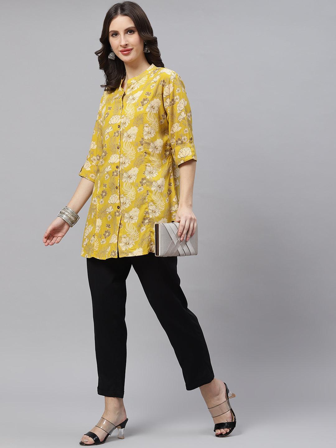 Divena Mustard Floral Rayon A-lineTop - divena world-Mohi