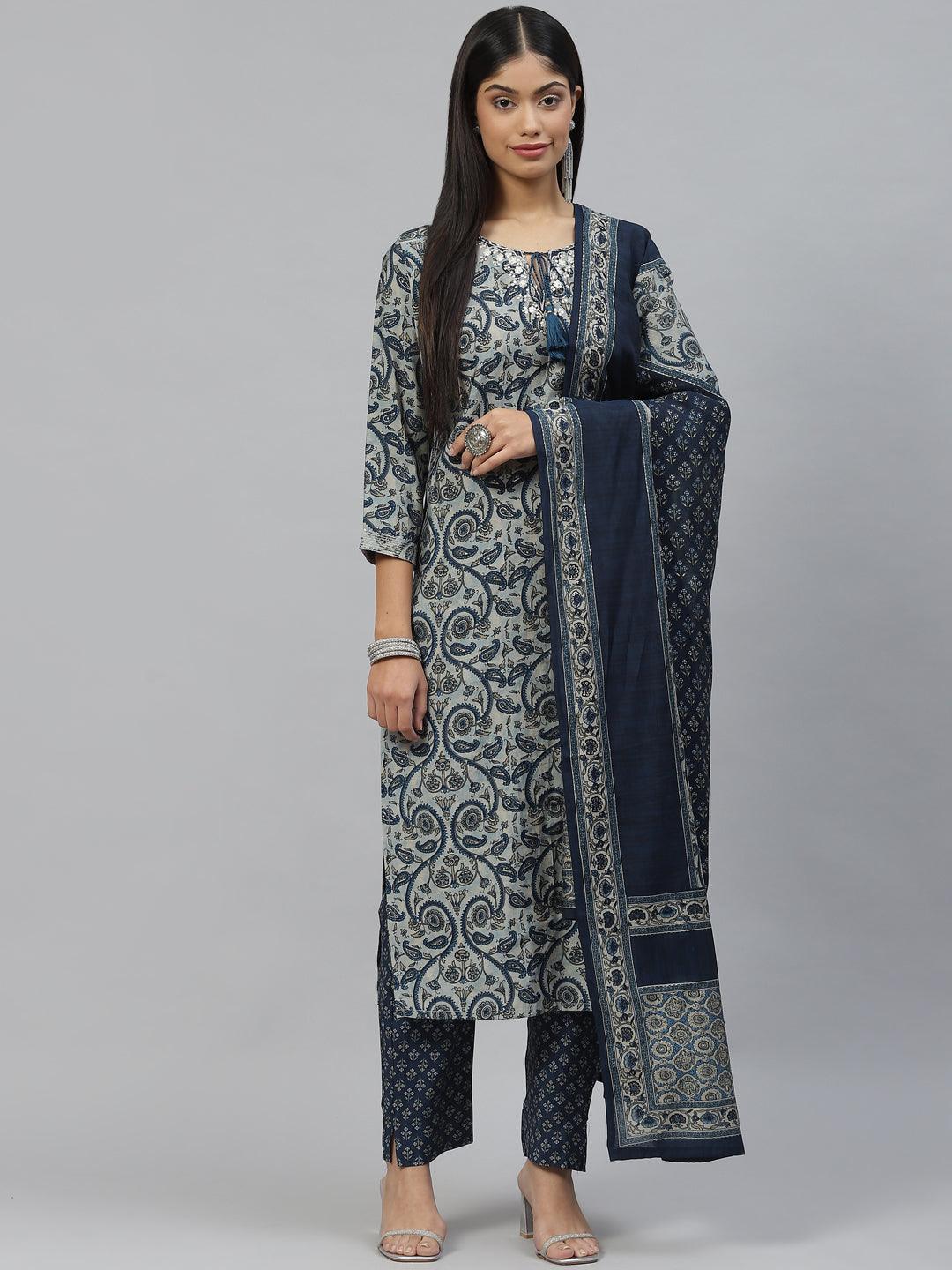 Divena Blue Ethnic Motif Muslin straight Kurta Pant Set with Dupatta - divena world-Mohi