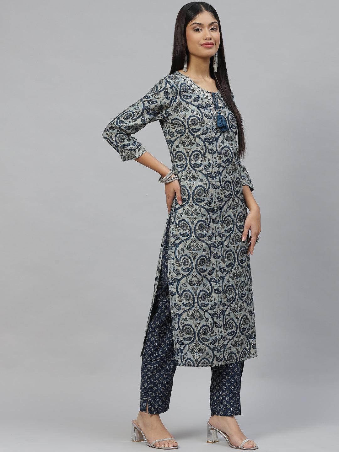 Divena Blue Ethnic Motif Muslin straight Kurta Pant Set with Dupatta - divena world-Mohi