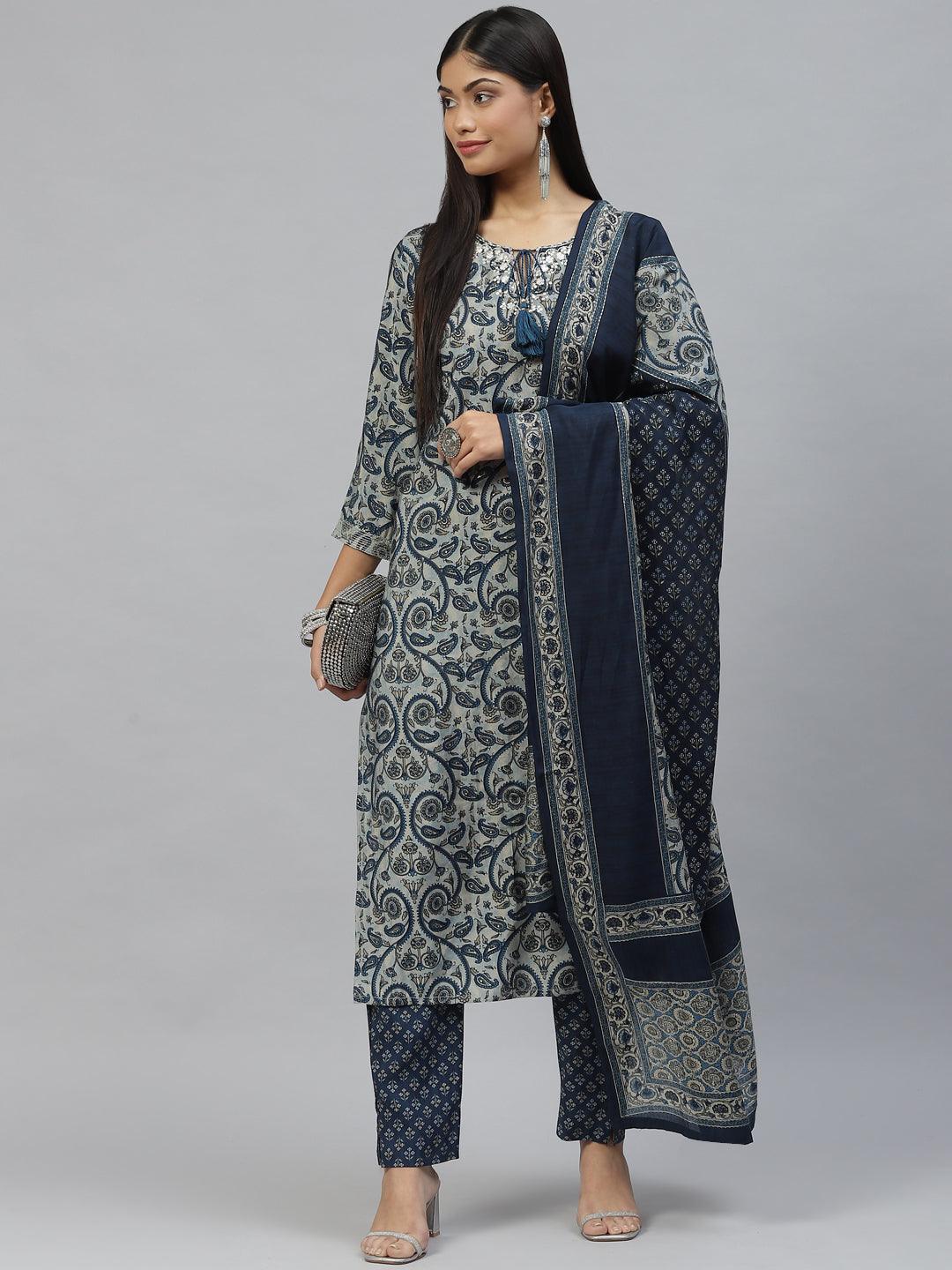 Divena Blue Ethnic Motif Muslin straight Kurta Pant Set with Dupatta - divena world-Mohi