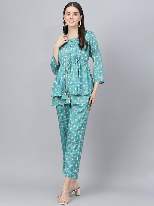 Divena Bandhani Teal Muslin Three Piece Top Pant Set with Peplum Jecket - divena world-Mohi