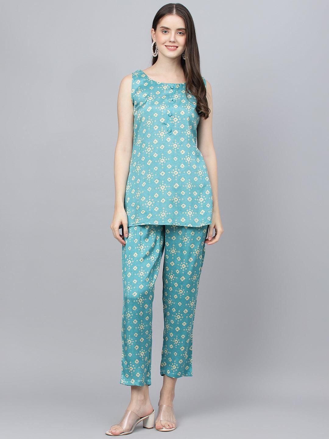 Divena Bandhani Teal Muslin Three Piece Top Pant Set with Peplum Jecket - divena world-Mohi