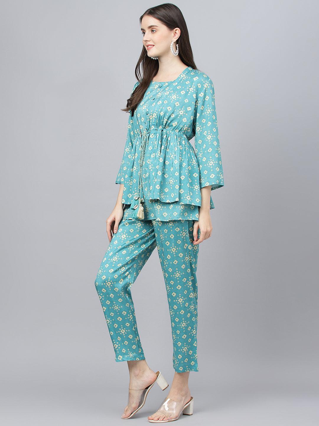 Divena Bandhani Teal Muslin Three Piece Top Pant Set with Peplum Jecket - divena world-Mohi