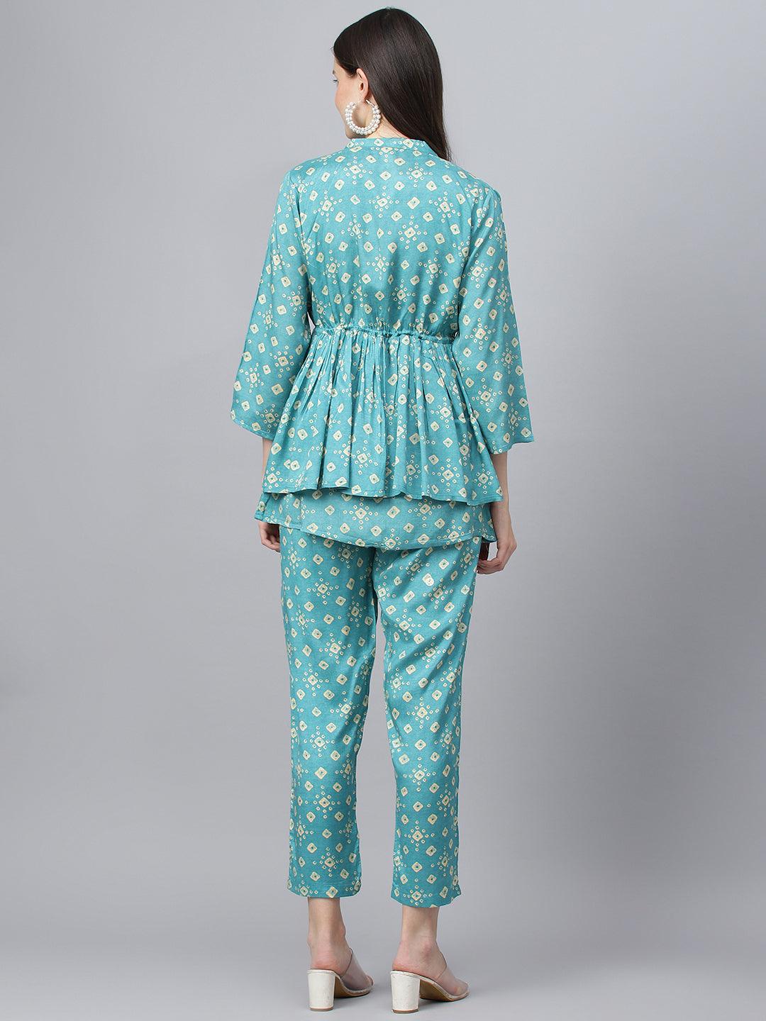 Divena Bandhani Teal Muslin Three Piece Top Pant Set with Peplum Jecket - divena world-Mohi