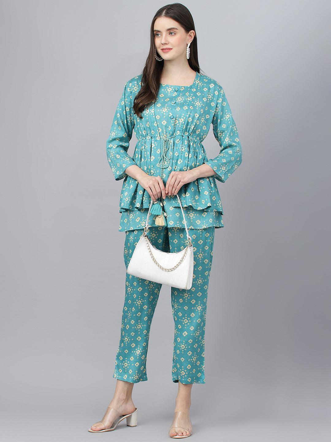 Divena Bandhani Teal Muslin Three Piece Top Pant Set with Peplum Jecket - divena world-Mohi