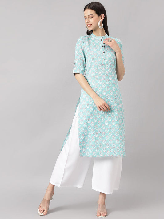 Divena Sea Green Cotton Katha work Straight Kurta - divena world-Mohi