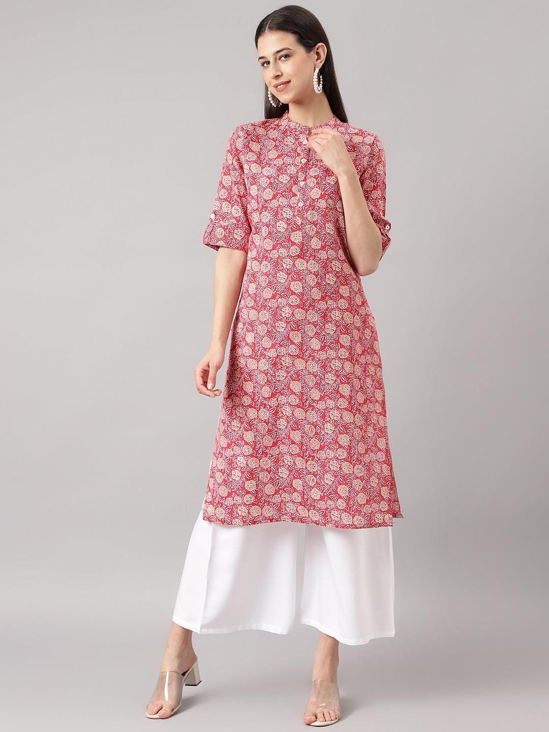 Divena Red and Beige Cotton Katha work Straight Kurta - divena world-Mohi