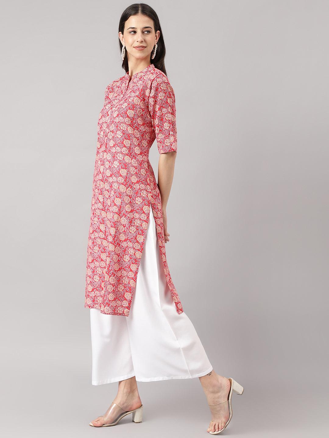 Divena Red and Beige Cotton Katha work Straight Kurta - divena world-Mohi