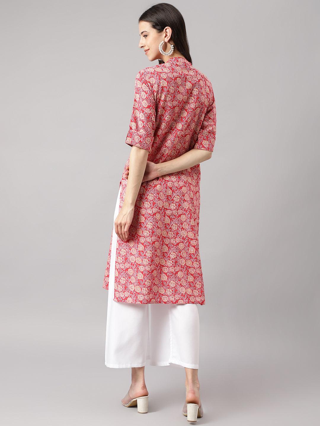 Divena Red and Beige Cotton Katha work Straight Kurta - divena world-Mohi