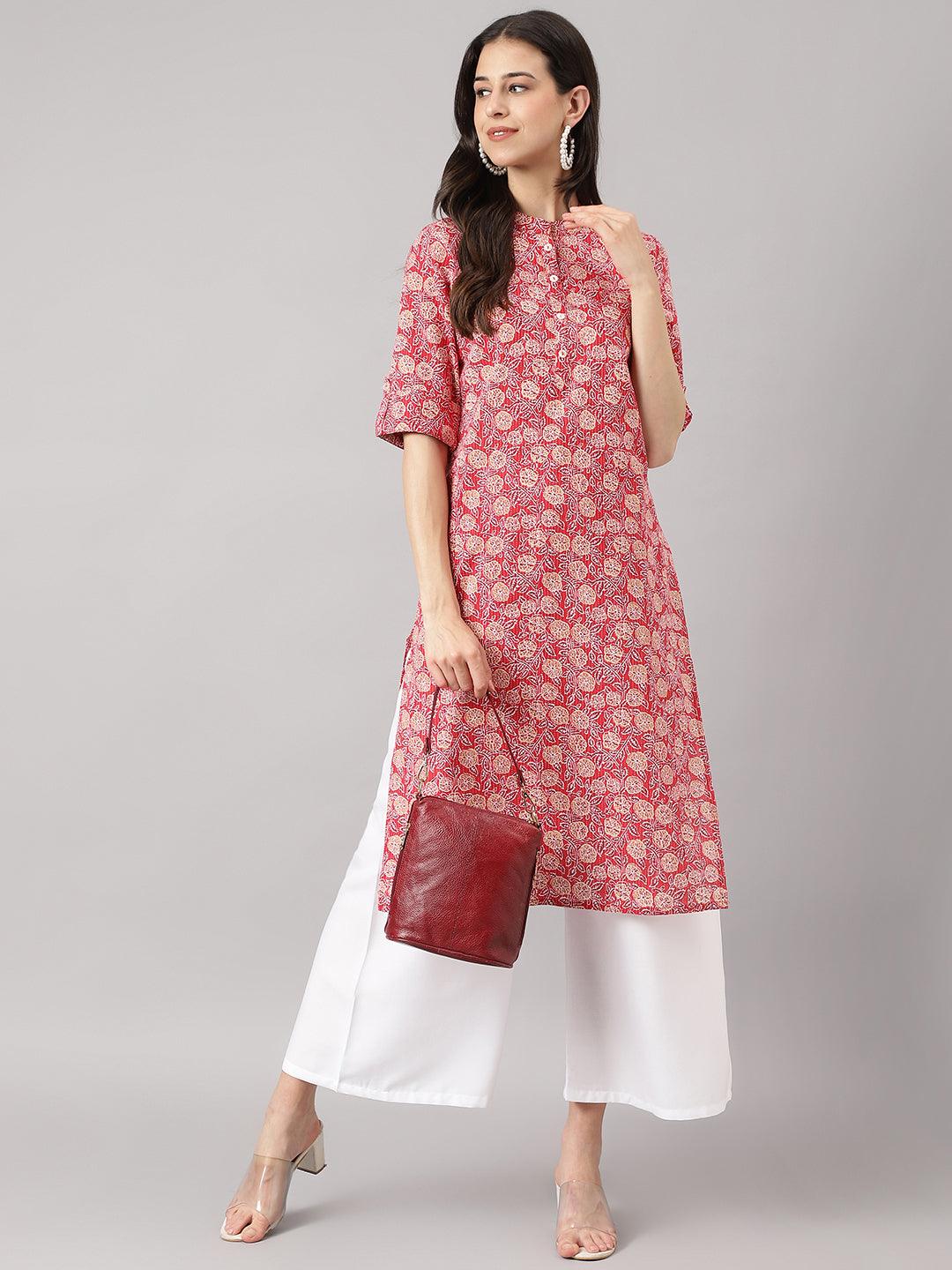 Divena Red and Beige Cotton Katha work Straight Kurta - divena world-Mohi