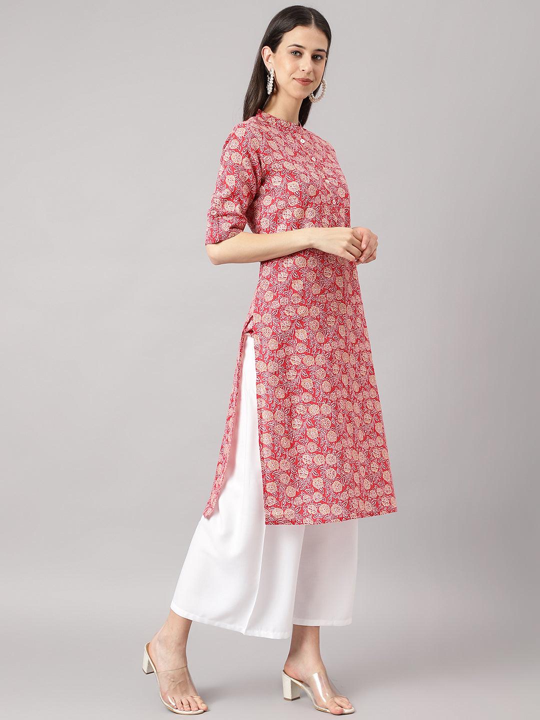 Divena Red and Beige Cotton Katha work Straight Kurta - divena world-Mohi