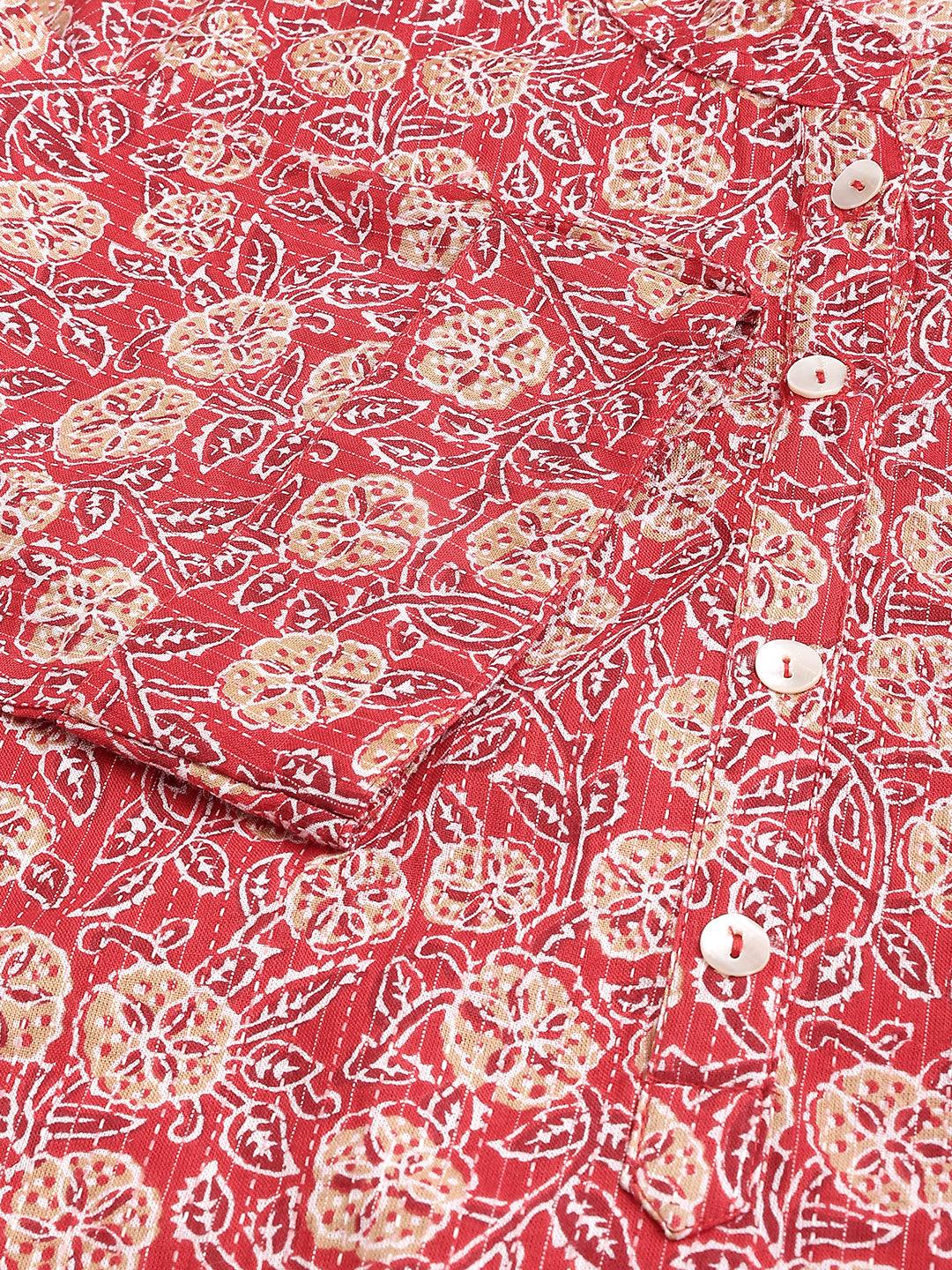 Divena Red and Beige Cotton Katha work Straight Kurta - divena world-Mohi