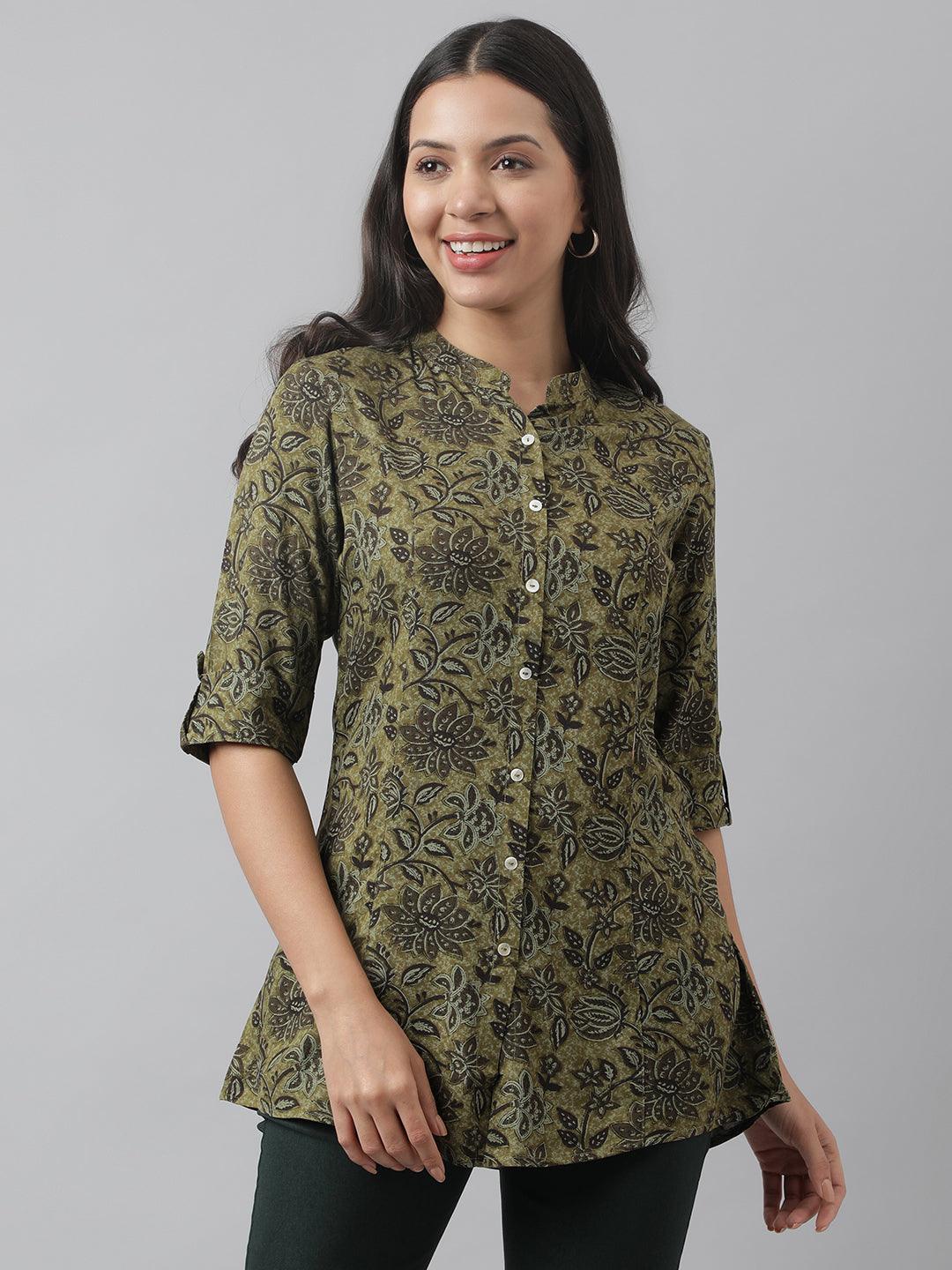 Divena Olive Green Floral Printed Rayon A-line Shirt Style Top - divena world-Mohi