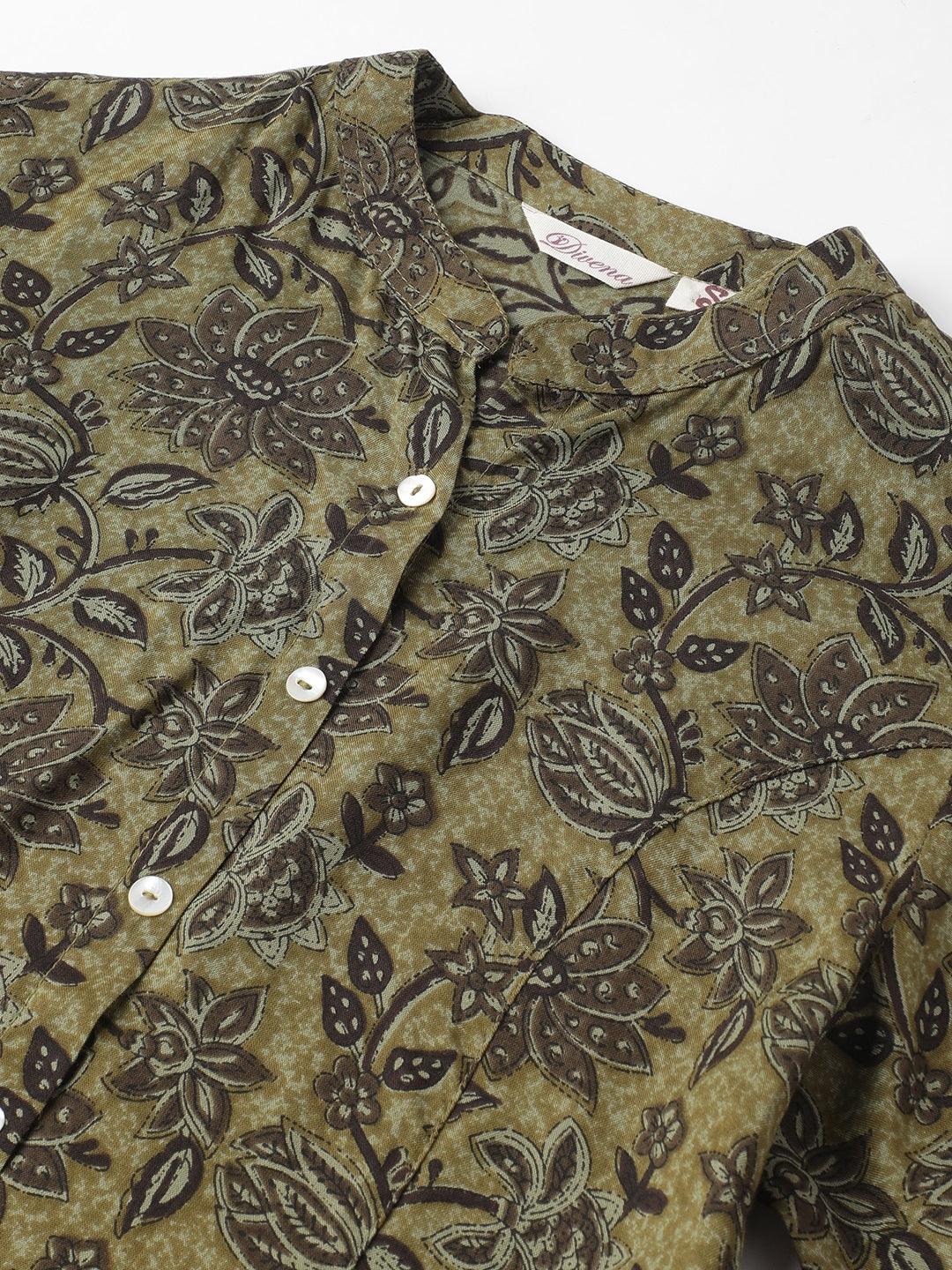 Divena Olive Green Floral Printed Rayon A-line Shirt Style Top - divena world-Mohi