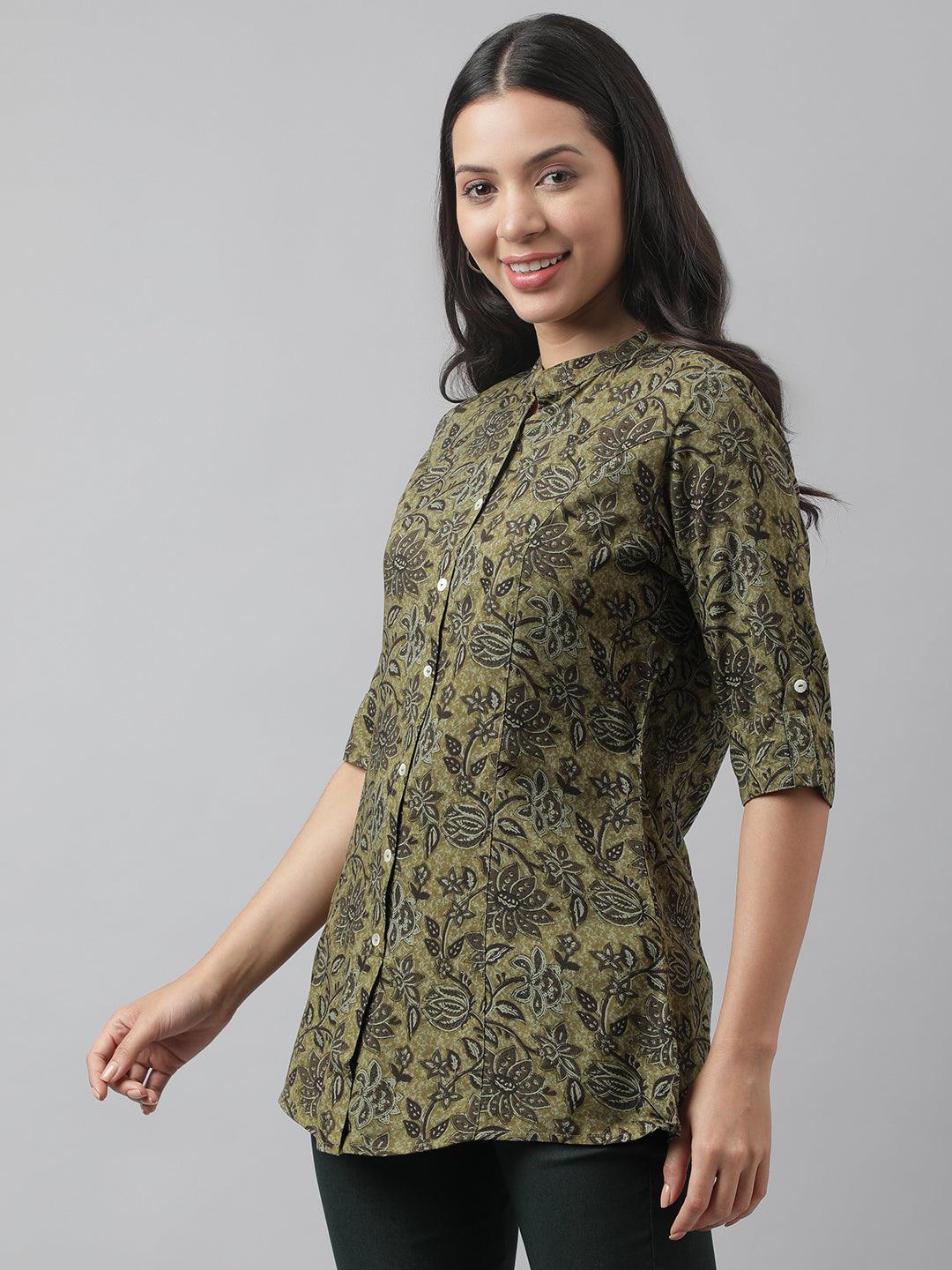 Divena Olive Green Floral Printed Rayon A-line Shirt Style Top - divena world-Mohi