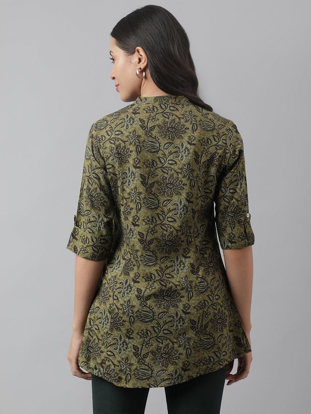 Divena Olive Green Floral Printed Rayon A-line Shirt Style Top - divena world-Mohi