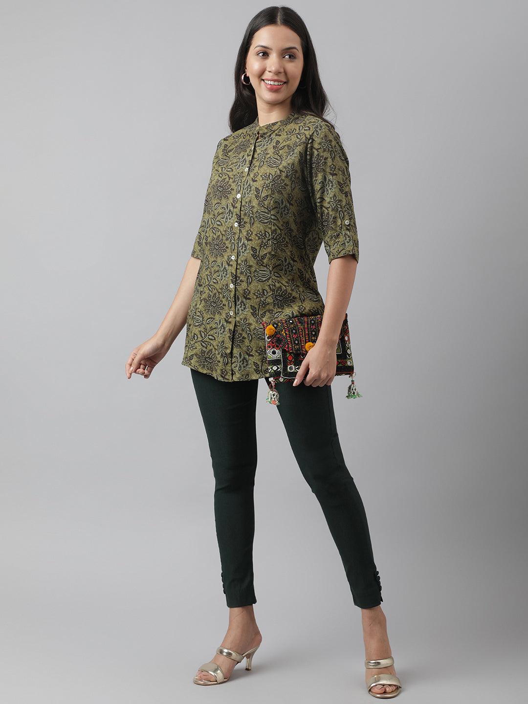 Divena Olive Green Floral Printed Rayon A-line Shirt Style Top - divena world-Mohi