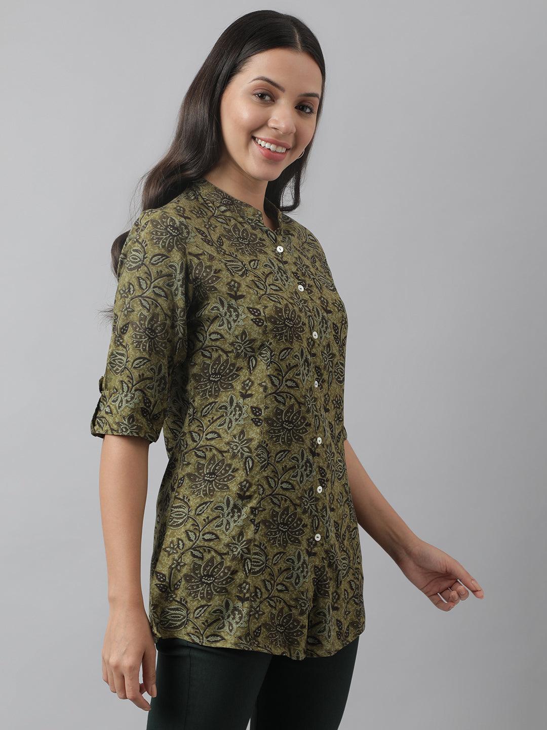 Divena Olive Green Floral Printed Rayon A-line Shirt Style Top - divena world-Mohi