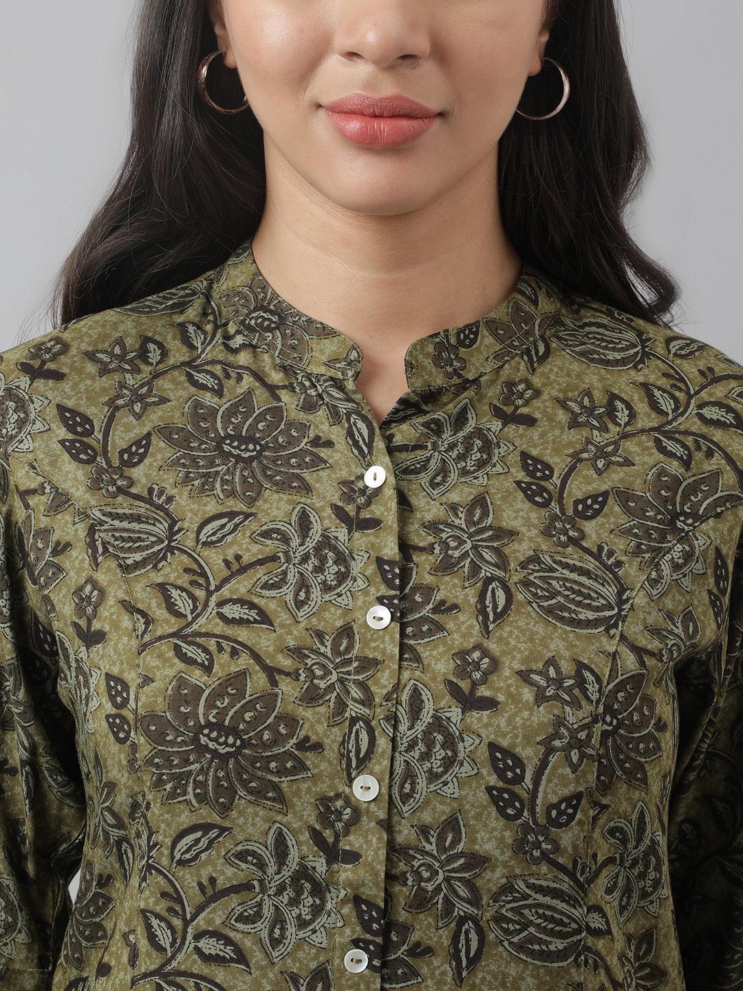 Divena Olive Green Floral Printed Rayon A-line Shirt Style Top - divena world-Mohi