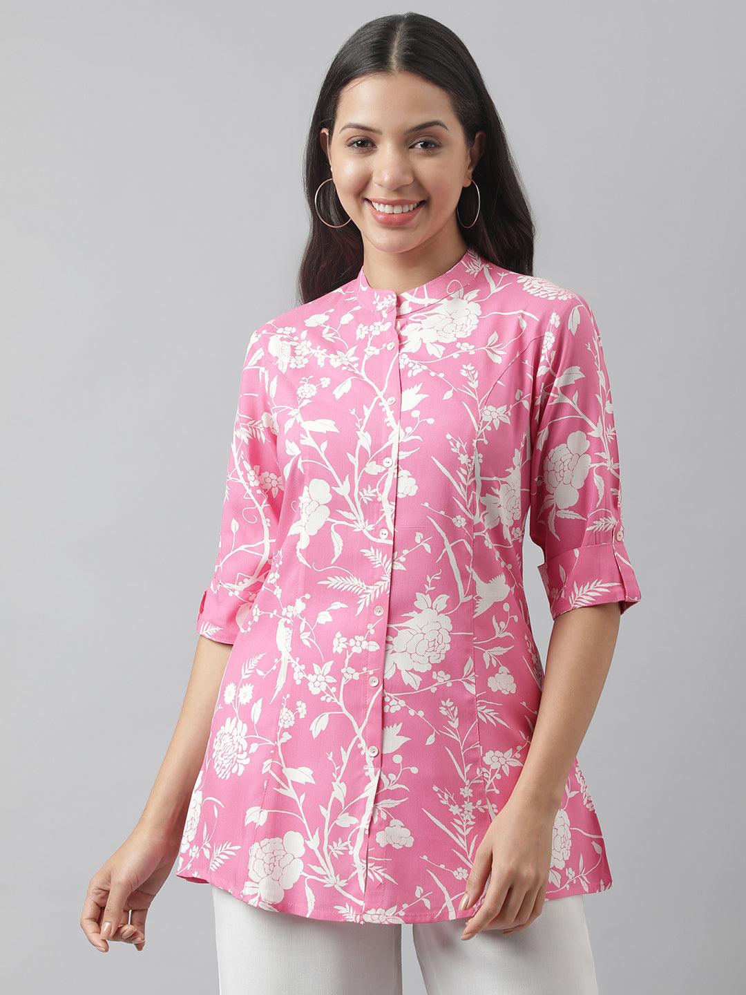 Divena Light Pink Floral Printed Rayon A-line Shirt Style Top - divena world-Mohi