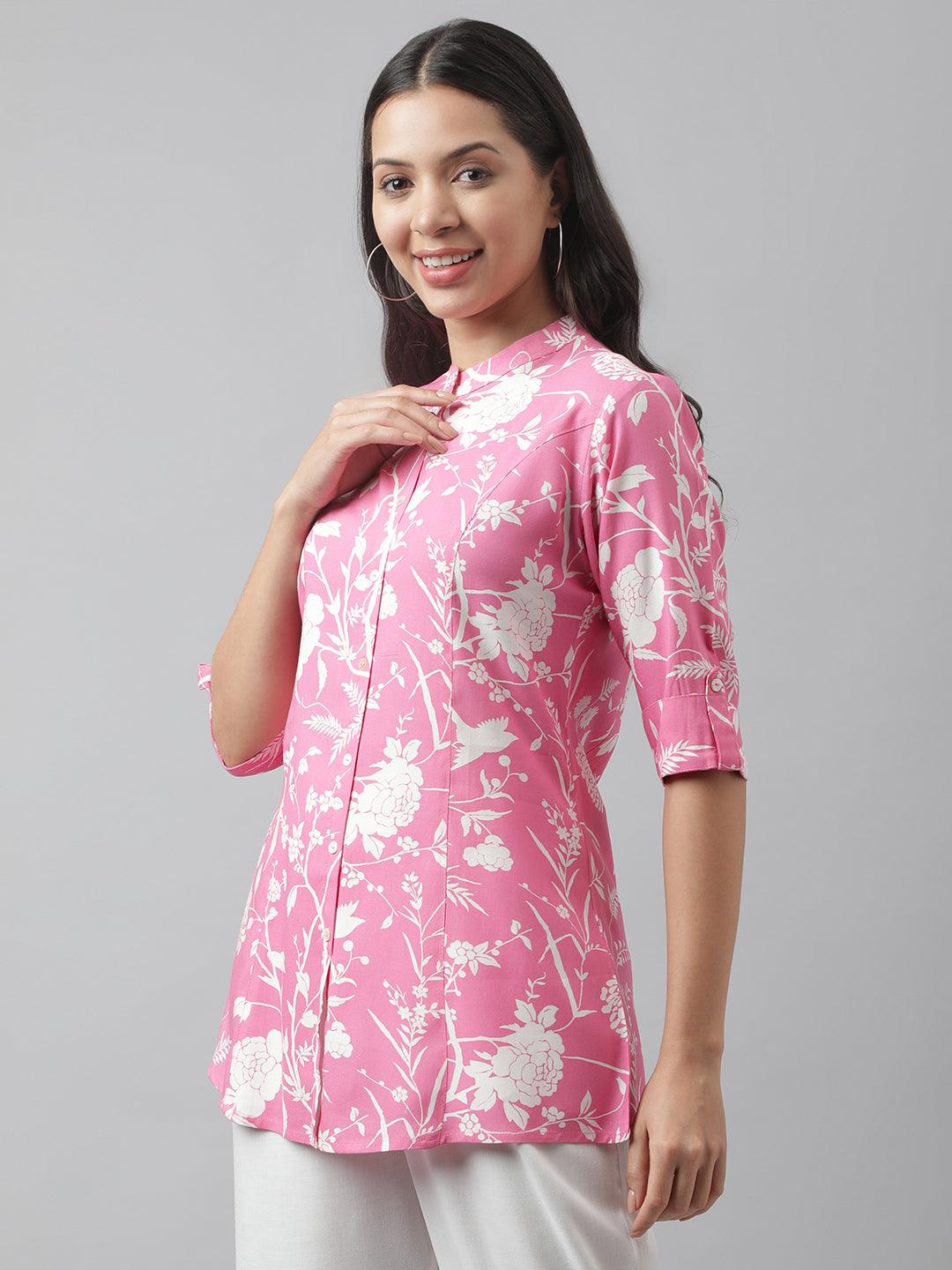 Divena Light Pink Floral Printed Rayon A-line Shirt Style Top - divena world-Mohi