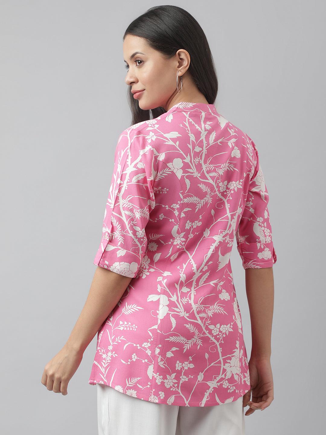 Divena Light Pink Floral Printed Rayon A-line Shirt Style Top - divena world-Mohi