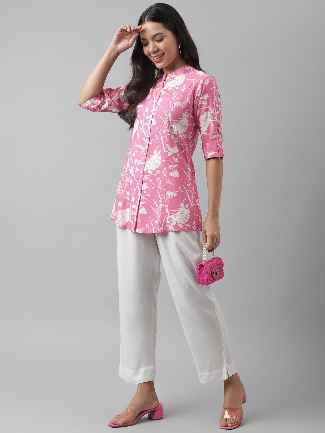 Divena Light Pink Floral Printed Rayon A-line Shirt Style Top - divena world-Mohi