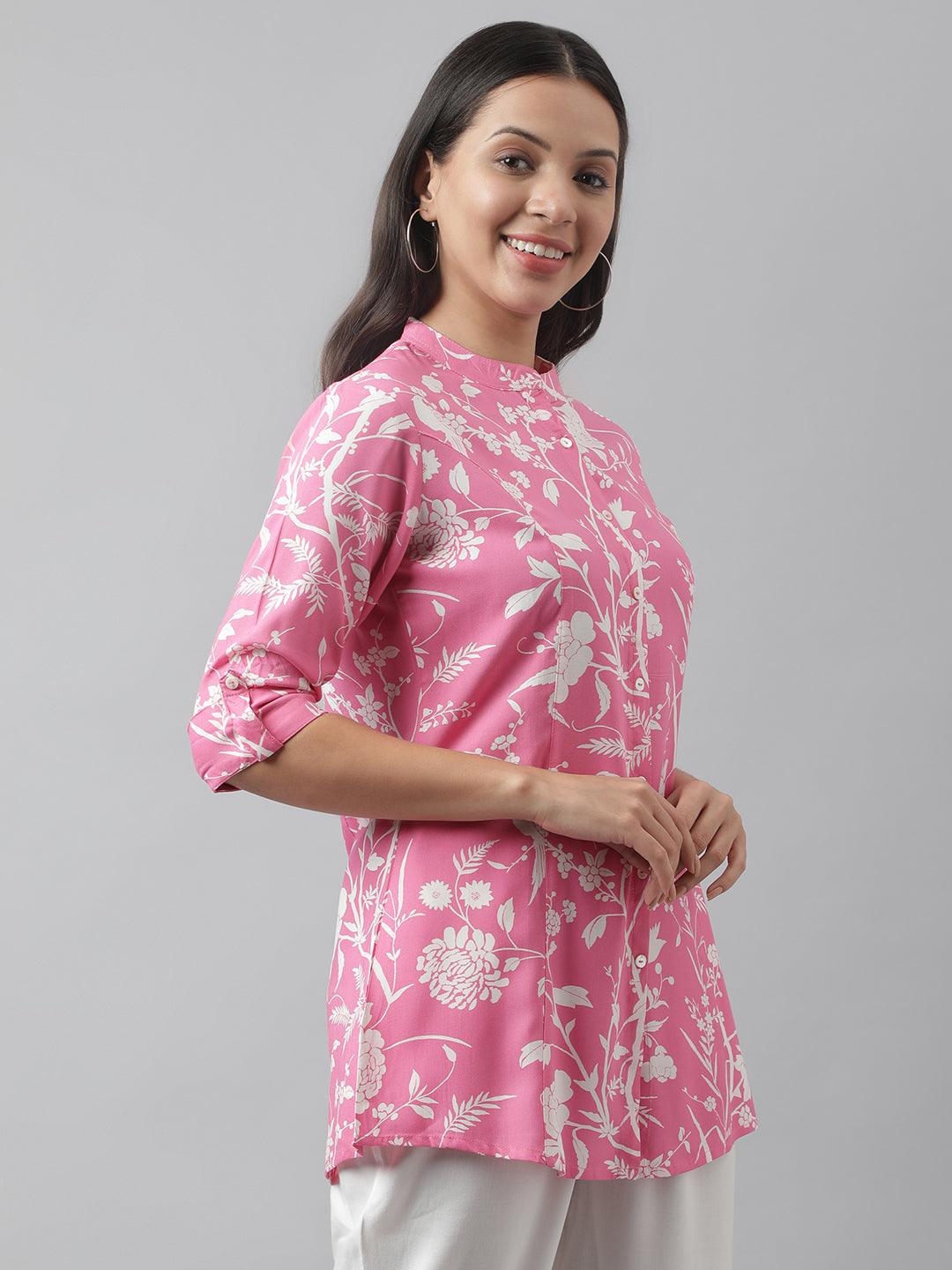 Divena Light Pink Floral Printed Rayon A-line Shirt Style Top - divena world-Mohi