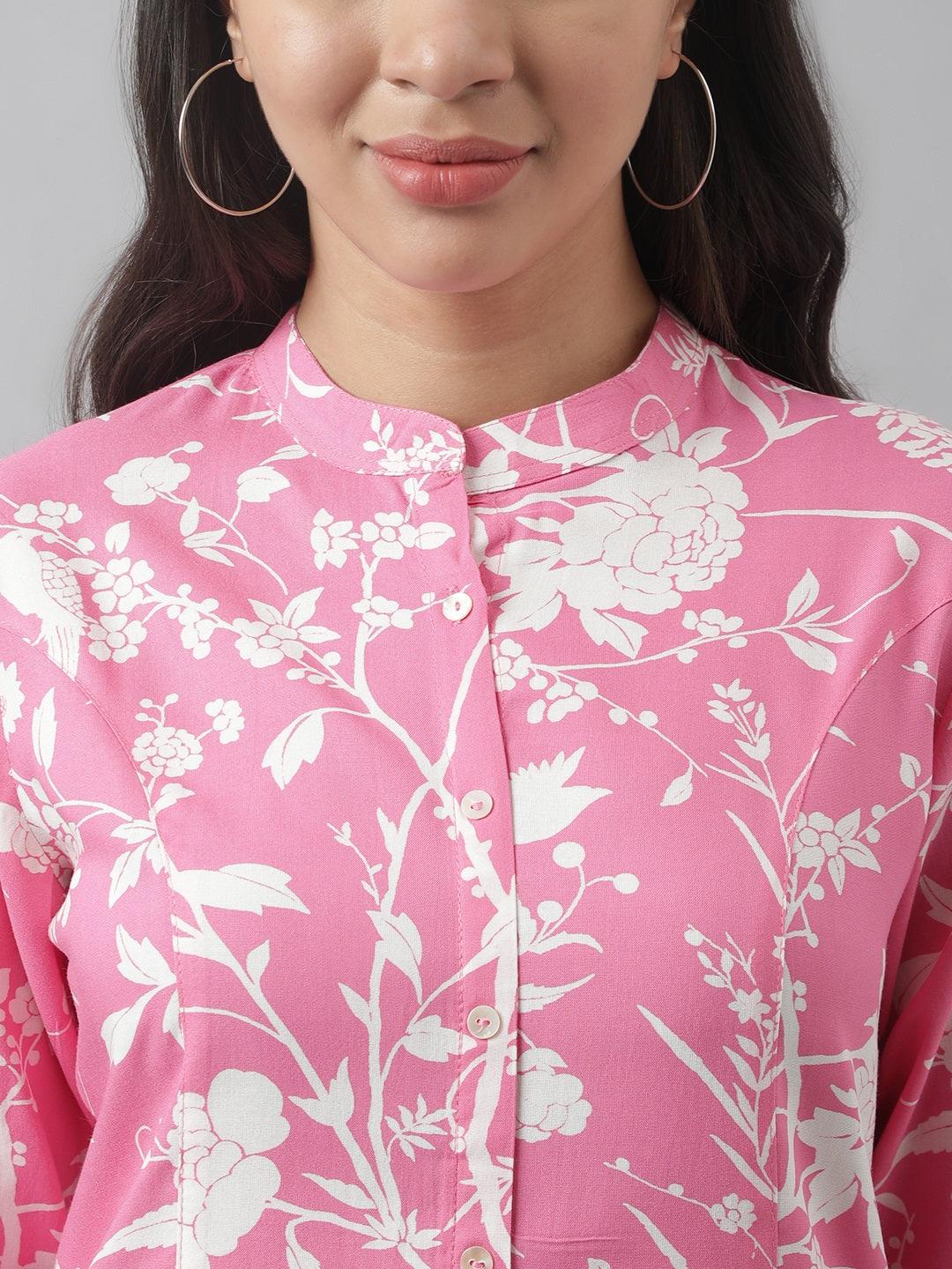 Divena Light Pink Floral Printed Rayon A-line Shirt Style Top - divena world-Mohi