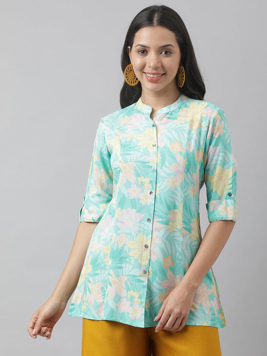 Divena Sea Green Floral Printed Rayon A-line Shirt Style Top - divena world-Mohi