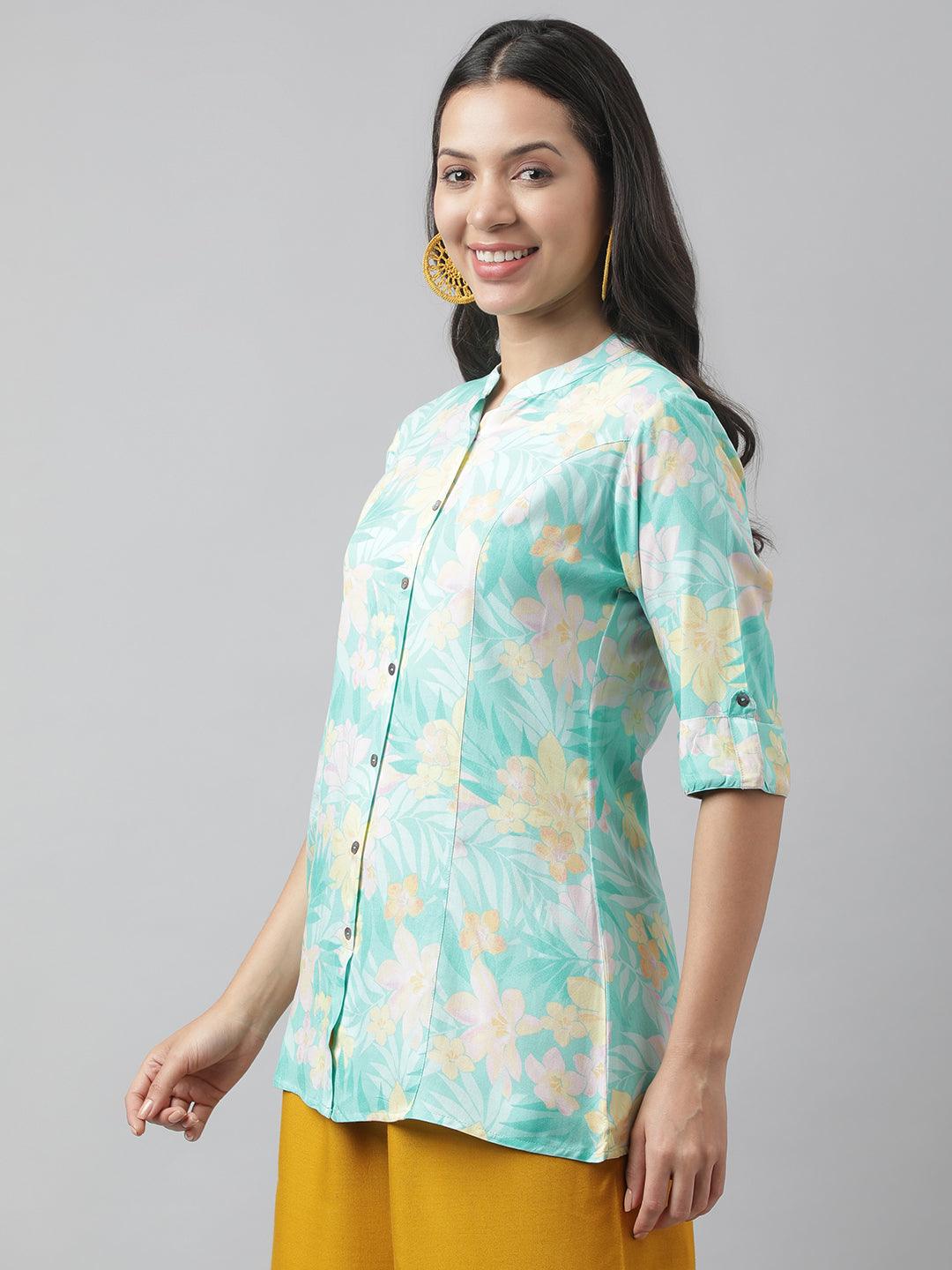 Divena Sea Green Floral Printed Rayon A-line Shirt Style Top - divena world-Mohi