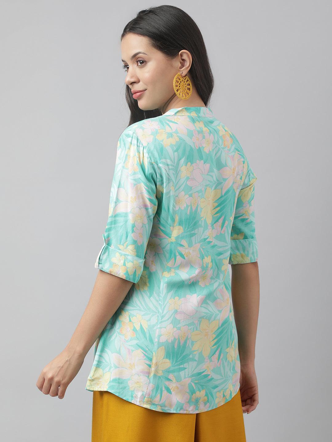 Divena Sea Green Floral Printed Rayon A-line Shirt Style Top - divena world-Mohi