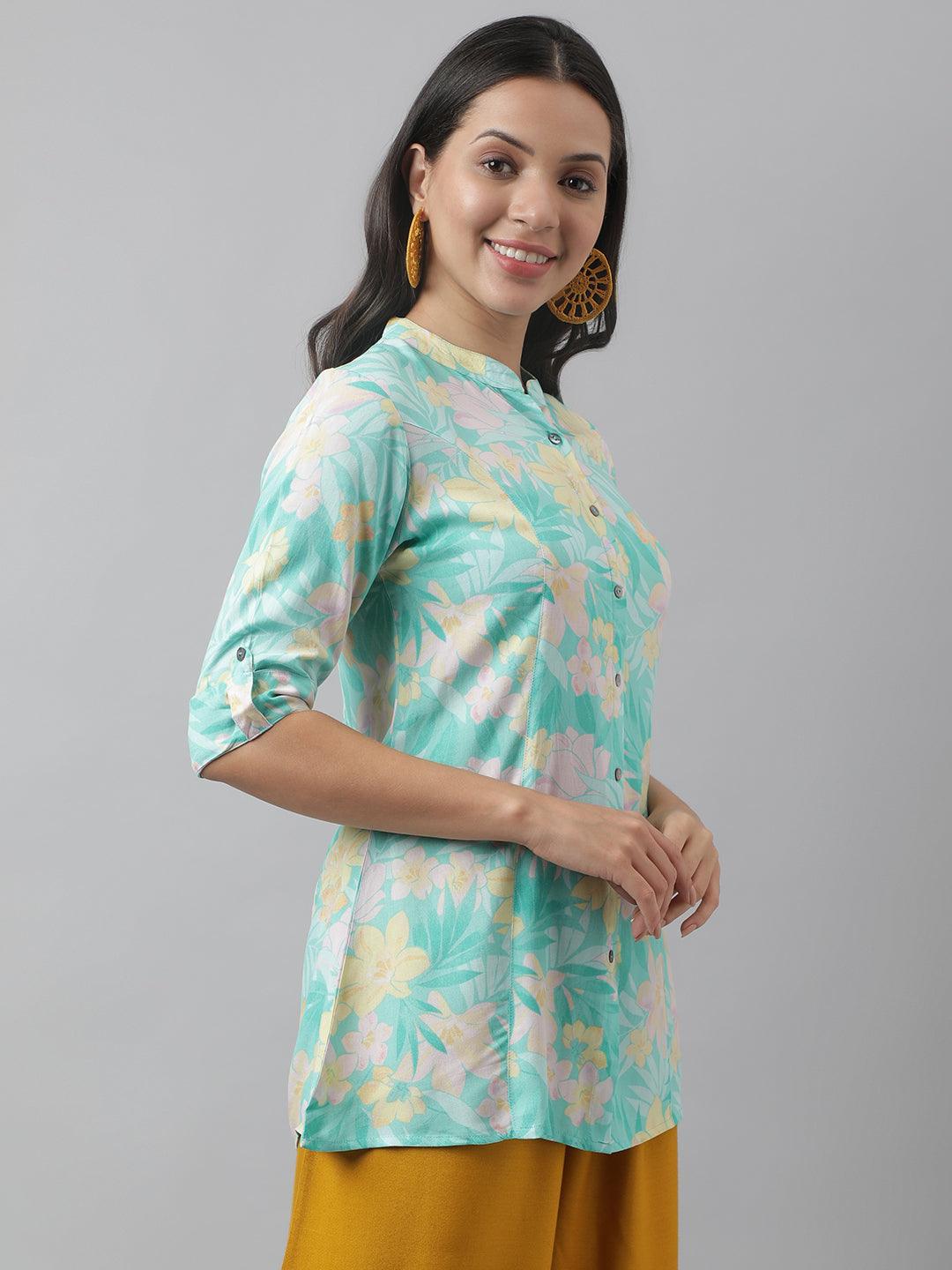 Divena Sea Green Floral Printed Rayon A-line Shirt Style Top - divena world-Mohi