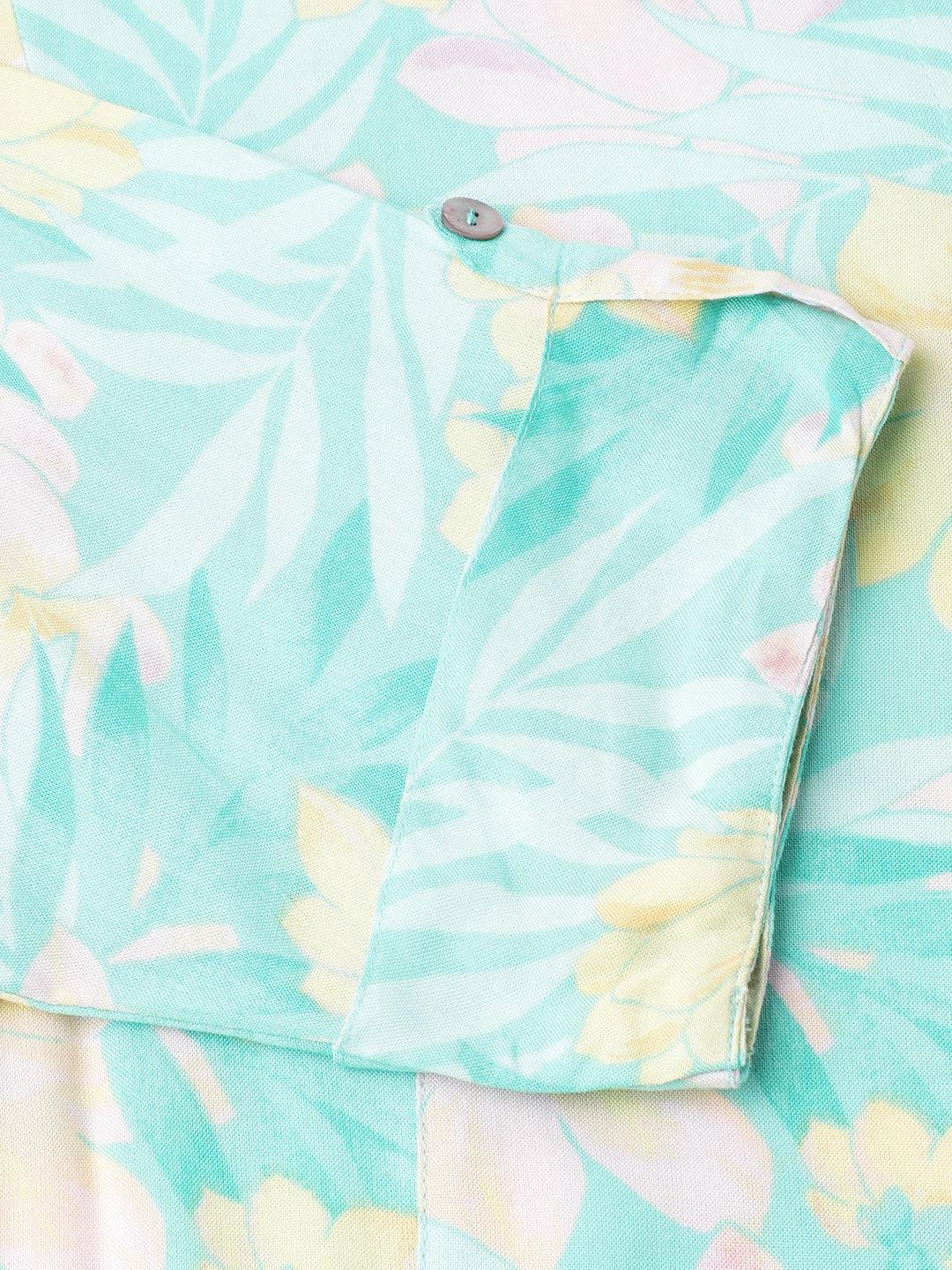 Divena Sea Green Floral Printed Rayon A-line Shirt Style Top - divena world-Mohi