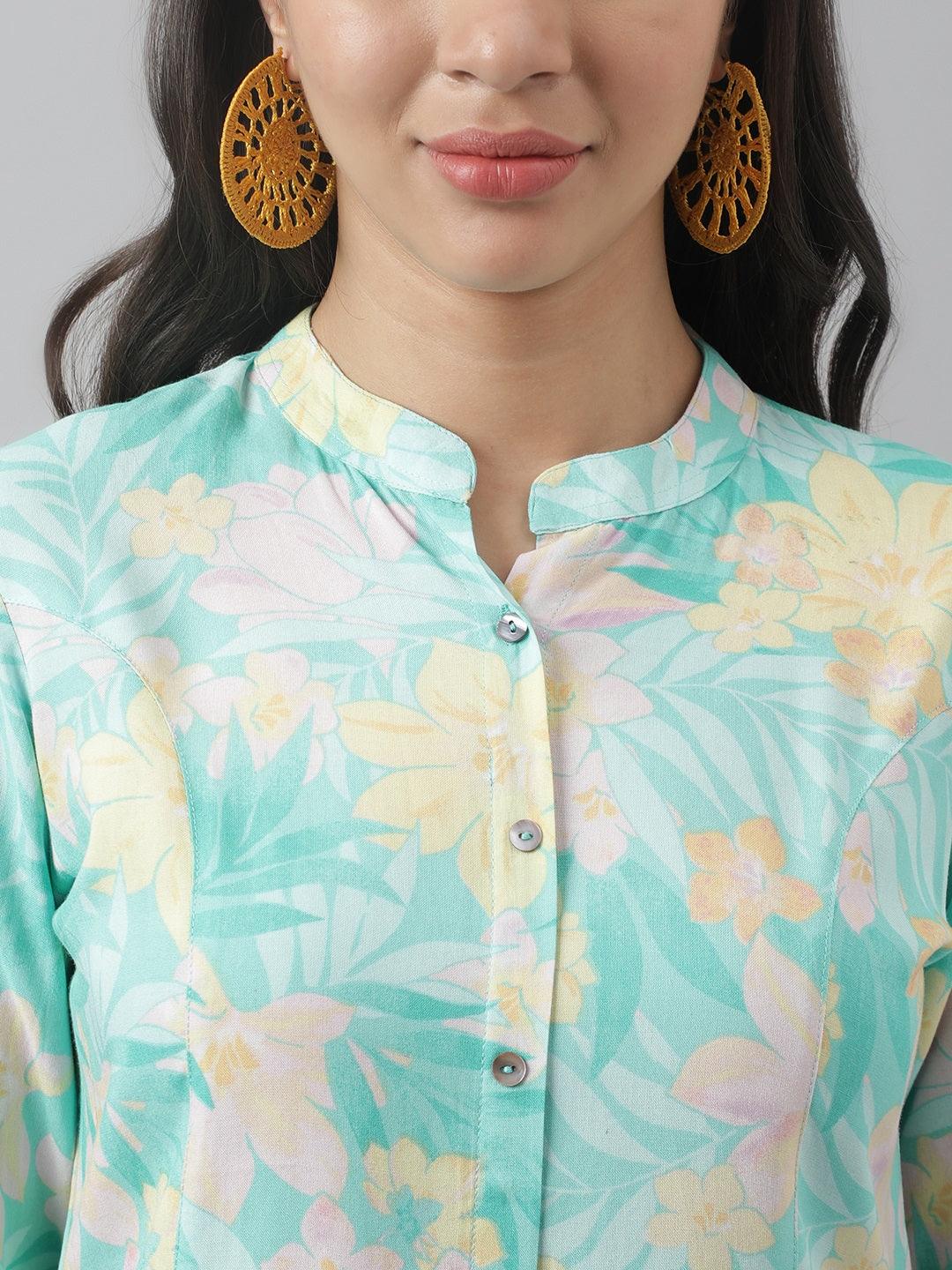 Divena Sea Green Floral Printed Rayon A-line Shirt Style Top - divena world-Mohi