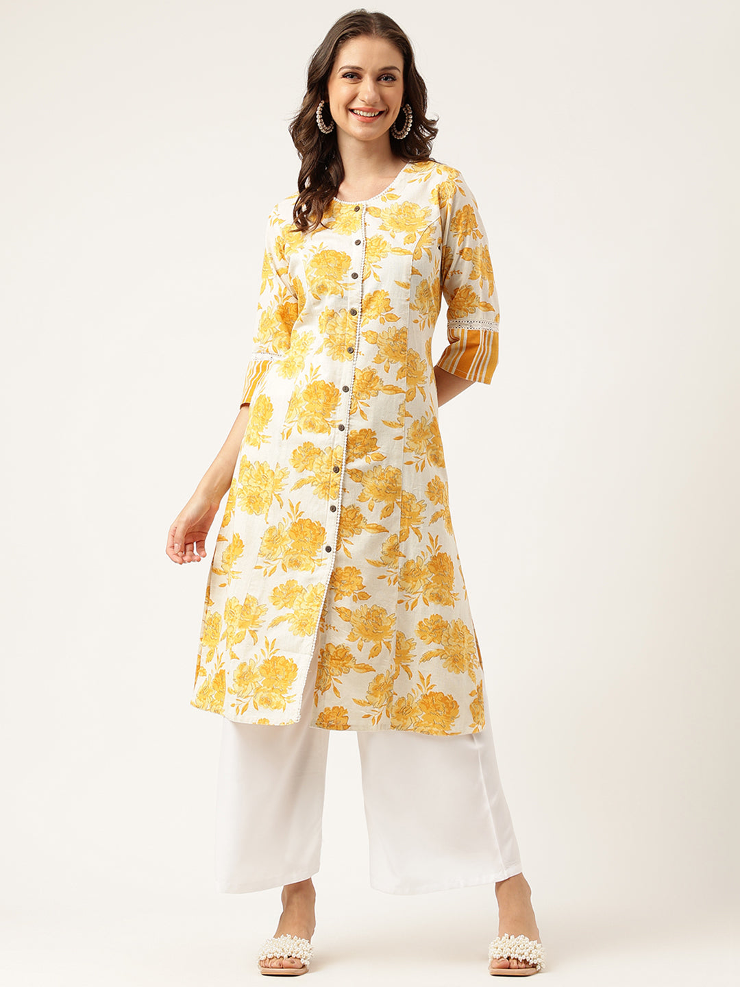 Mustard Floral Printed A-Line Cotton Kurta