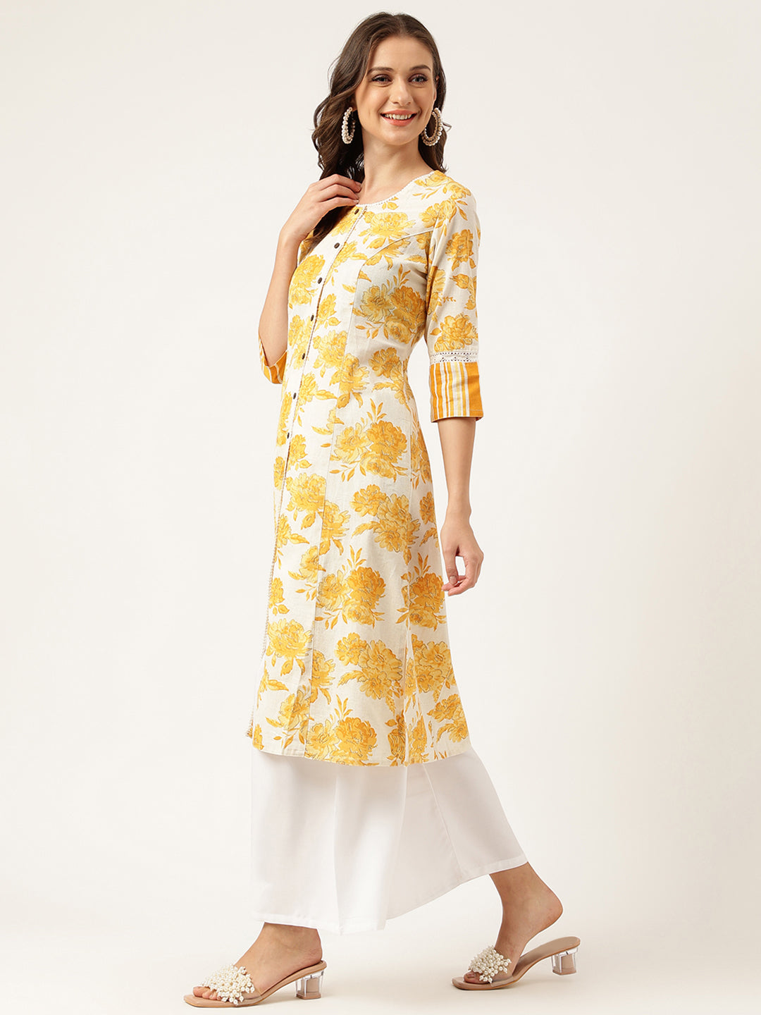 Mustard Floral Printed A-Line Cotton Kurta